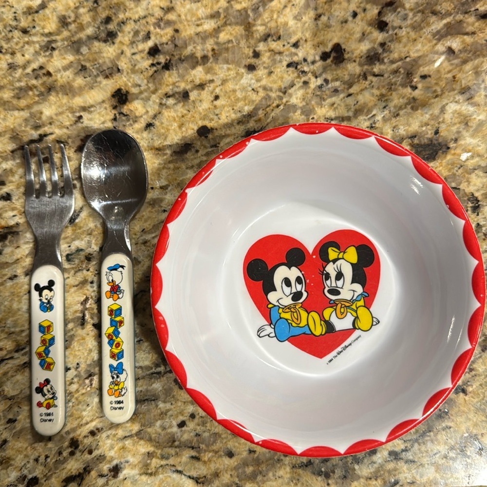 Vintage Disney 1984 bowl, spoon, and fork
